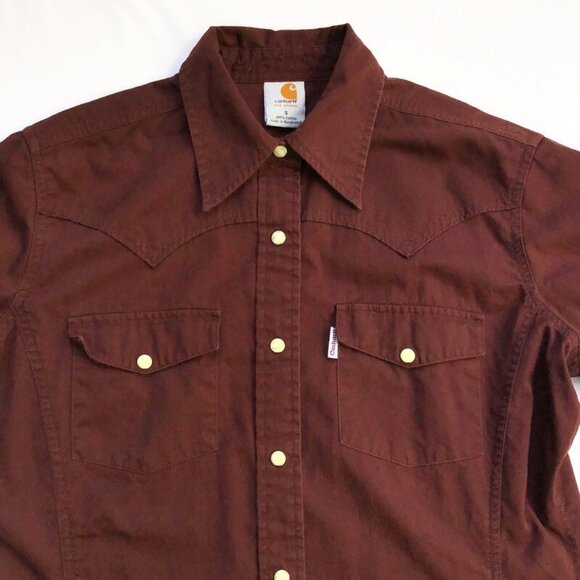 Carhartt Pearl Snap Shirt Womens S Burgundy Red Collar Western Yoke Pockets - Picture 3 of 9